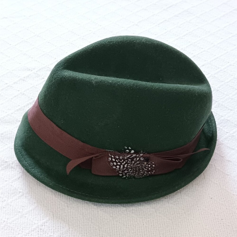 Staring At Stars Women's Wool Fedora Hat Olive Green Brown Band Faux Feathers OS